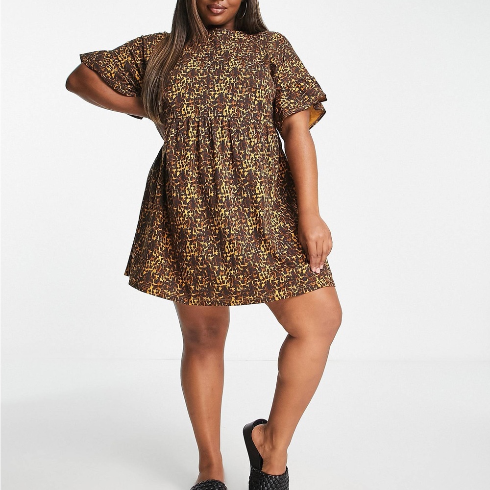 NWT ASOS River Island Plus frill smock mini dress in light brown - Picture 1 of 5
